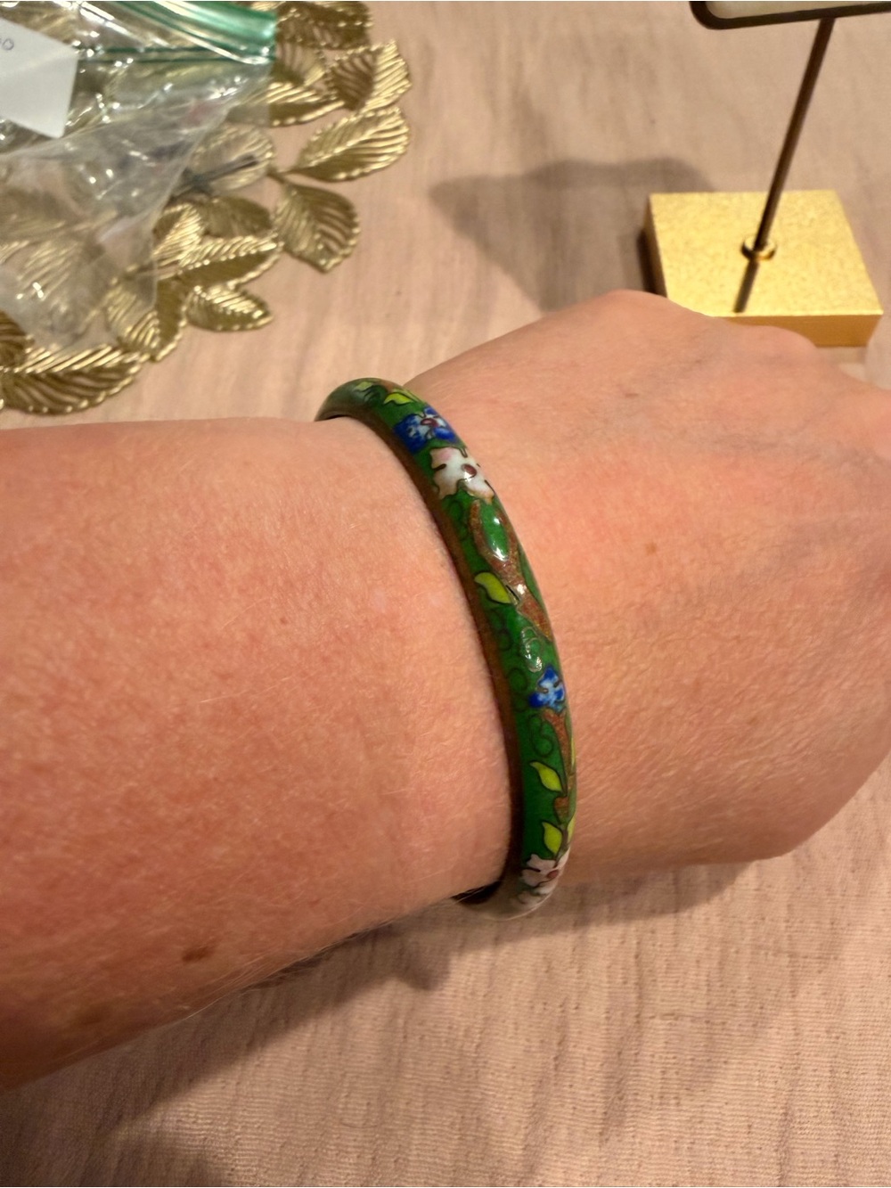 Vintage Green Floral Cloisonné Bangle Bracelet